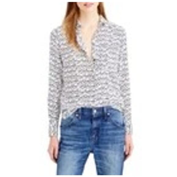 J Crew Tops - J.Crew Women’s White Silk Button-Up Shirt – Black Key Print, Club Collar Size 0